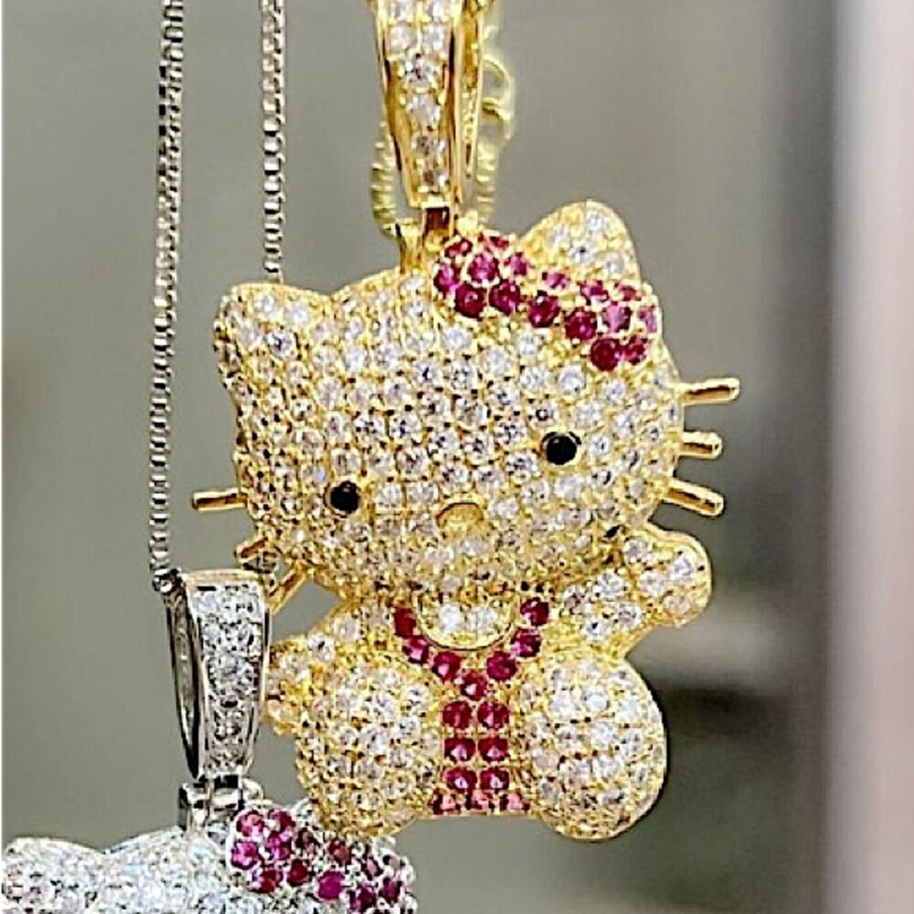 Gold Iced Out Hello Kitty Charm Pendant Necklace 3D Full Body - Picture 5 of 5
